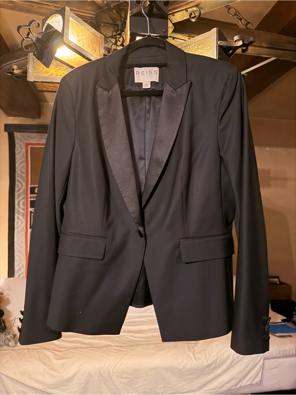 Reiss Black Satin-Lapel Tailored Blazer